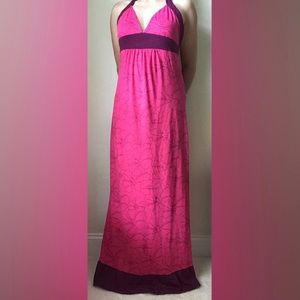 Pink Floral with purple trim halter maxi dress